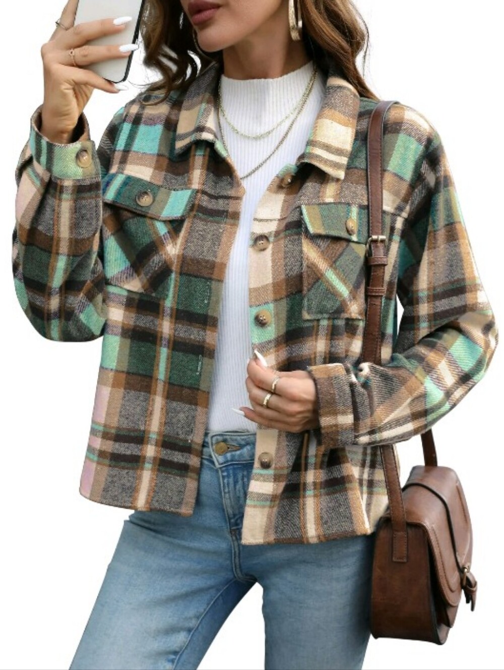 Anygrew Plaid Shacket Jacket in Mint & Brown Size Large NWT